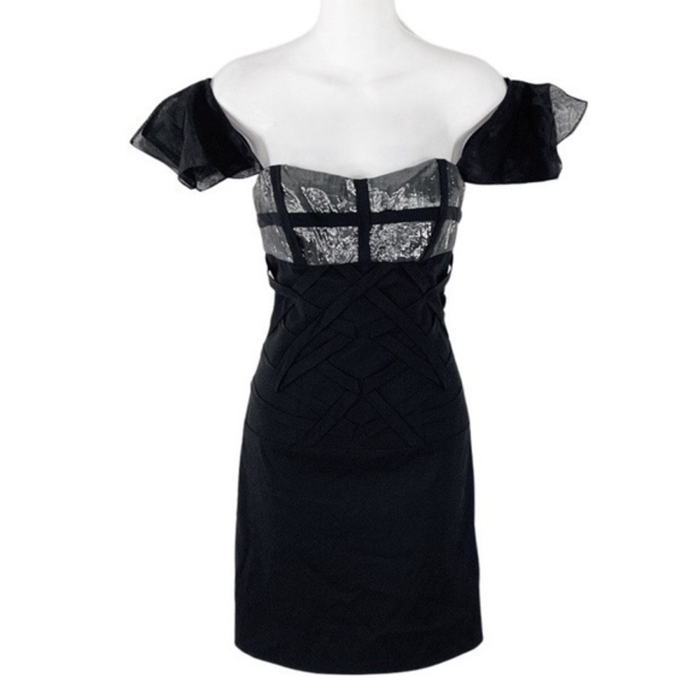 Nicole Miller black silver metallic off shoulder flutter sleeves mini dress OO25
